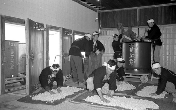 Starter mash being made utilizing the high-temperature saccharification method. Through the rear doors is the 55°C steam room. 